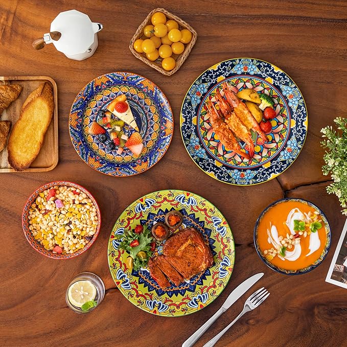 vancasso 18 Pieces Plates and Bowls Set Bohemian Style Dinnerware Sets Service for 6 Porcelain Boho Dishes Set for Kitchen Housewaring Gift Dishwasher and Microwave Safe Series KRVI