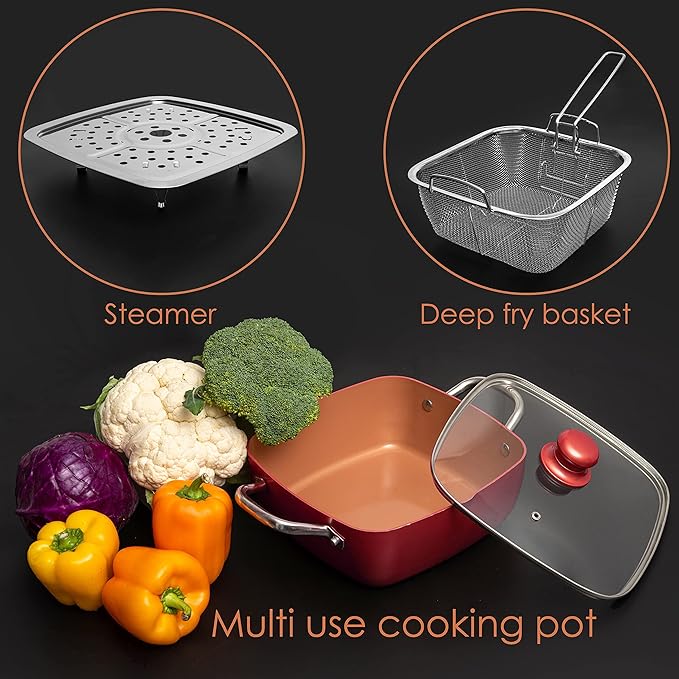 Moss &amp Stone 5 Pcs Copper Chef Cookware Set 9.5” Non Stick Deep Frying Pan Fry Basket Dishwasher &amp Oven Safe Induction Copper Cookware Set Bundle With Square Grill Pan For Indoor Cooking