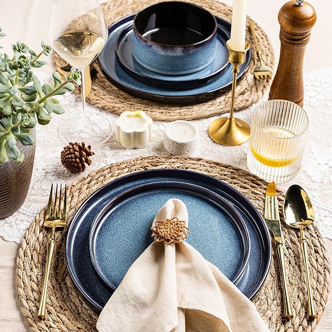 LERATIO Ceramic Dinnerware Sets for 4Round Reactive Glaze Ceramic Plates and Bowls SetHighly Chip and Crack Resistant | Dishwasher &amp Microwave Safe Dishes SetService for 4 (12pc)-Blue