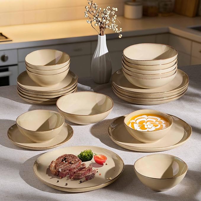 Herogo 12pcs Stoneware Dinnerware Sets for 4 Irregular Handmade Dinner Plates and Bowls Kitchen Dining Dish Dishware Set Microwave &amp Dishwasher Safe Cream Khaki