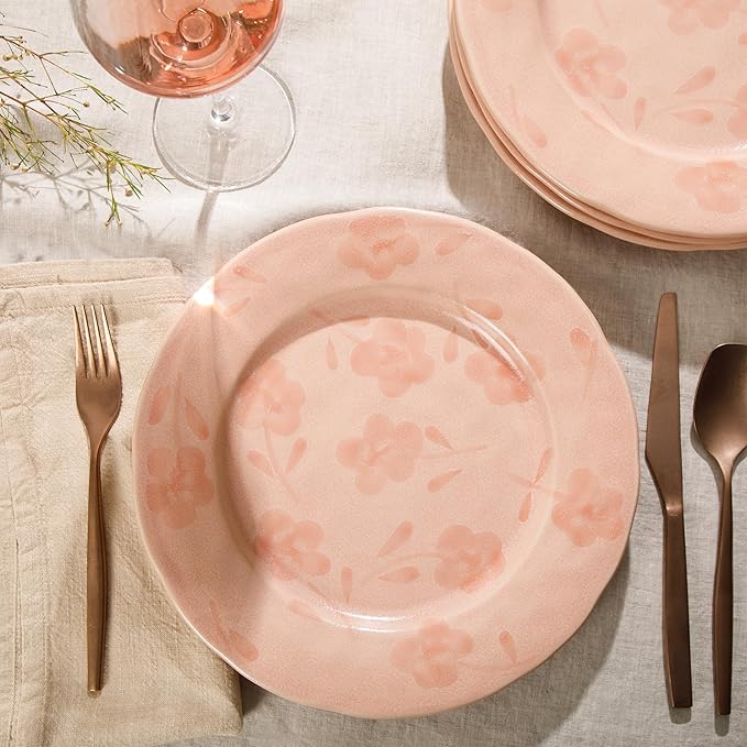 Bloomhouse - 2 Time Oprah's Favorite Things - Made in Portugal Hand Painted 10.8 Inch Dinner Plates Set of 4 - Porto Petals Floral Dish Set - Blush Pink