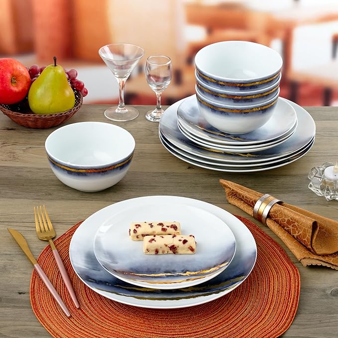 Joseph Sedgh Collection “Lazuli” 12-Piece Porcelain Dinnerware Set Service for 4 Blue and Gold