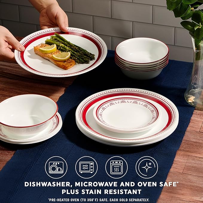 Corelle Everyday 18-PC Dinnerware Set Service for 6 Durable and Eco-Friendly Higher Rim Glass Plate &amp Bowl Set Microwave and Dishwasher Safe Sadie