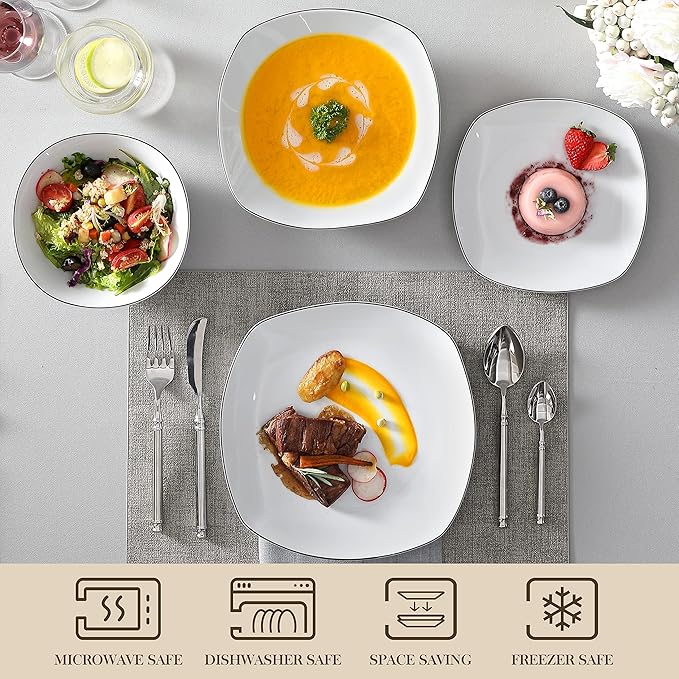 MALACASA Dinnerware Sets 24 Piece Porcelain Square Dishes White with Black Rim Plates and Bowls Sets Ceramic Dish Set for 6 Chip Resistant Dishware Sets Series ELISA