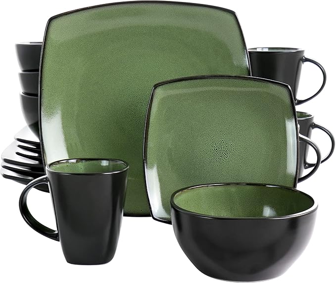 16pc Square Stoneware Dinnerware Set in Green Solid Casual 16 Piece Microwave Safe
