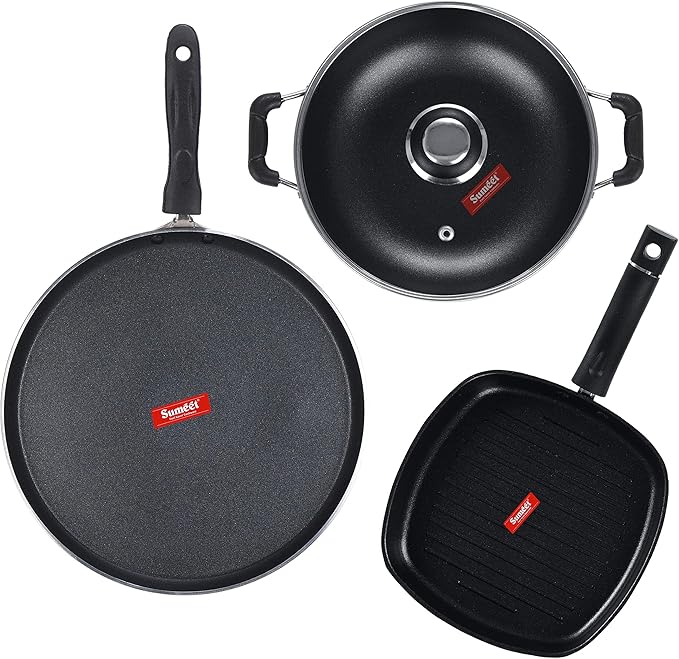 SUMEET NonStick Cawl Cookware Set (Dosa Tawa - 26.5Cm Dia Kadhai with Glass Lid -2Ltr - 22Cm Grill Pan)
