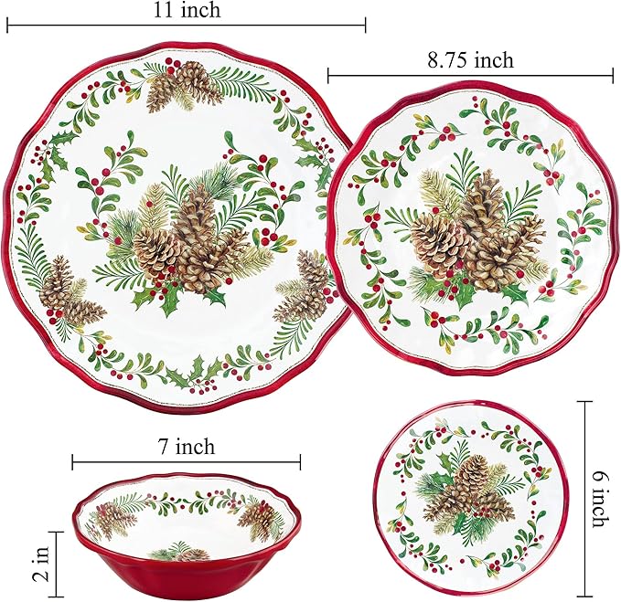 UPware 16 Piece Pinecones Melamine Dinnerware Sets Outdoor Dishes Set Plates and Bowls Sets Christmas Decorations Service for 4 Red