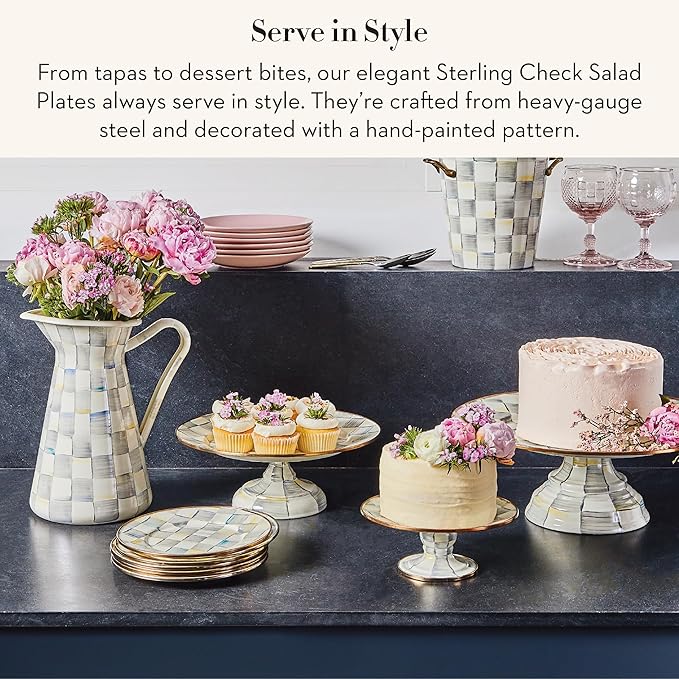 MACKENZIE-CHILDS Enamel Salad and Dessert Plate Small Plate for a Dessert or Appetizer Dish 8 Inches Set of 4 Gray-and-White Sterling Check