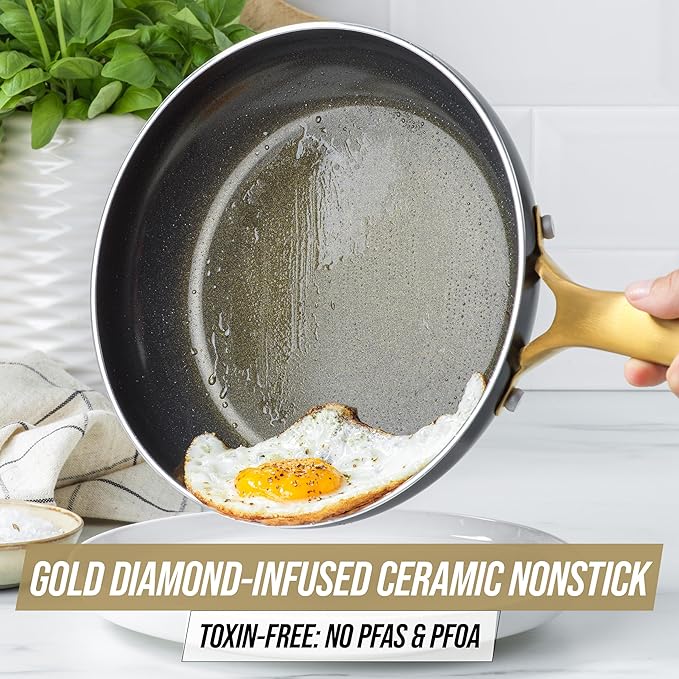 Blue Diamond Gold 10 Piece Cookware Pots and Pans Set Induction Suitable Diamond Infused PFAS-Free Ceramic Nonstick Durable Metal Utensil Safe Dishwasher Safe Gold Handle Black