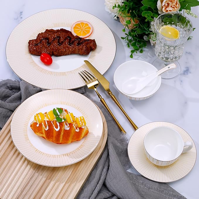 24 Piece White Porcelain Dinnerware Set for 4 Sunburst Design Plates and Bowls Sets with Gold RimHighly Chip and Crack Resistant | Dishwasher Safe Dishes Set
