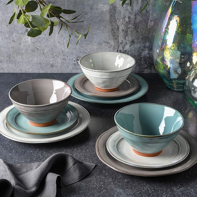 Gibson Elite Terranea Round Reactive Glaze Terra Cotta Dinnerware Set Service for Four (12pcs) Grey