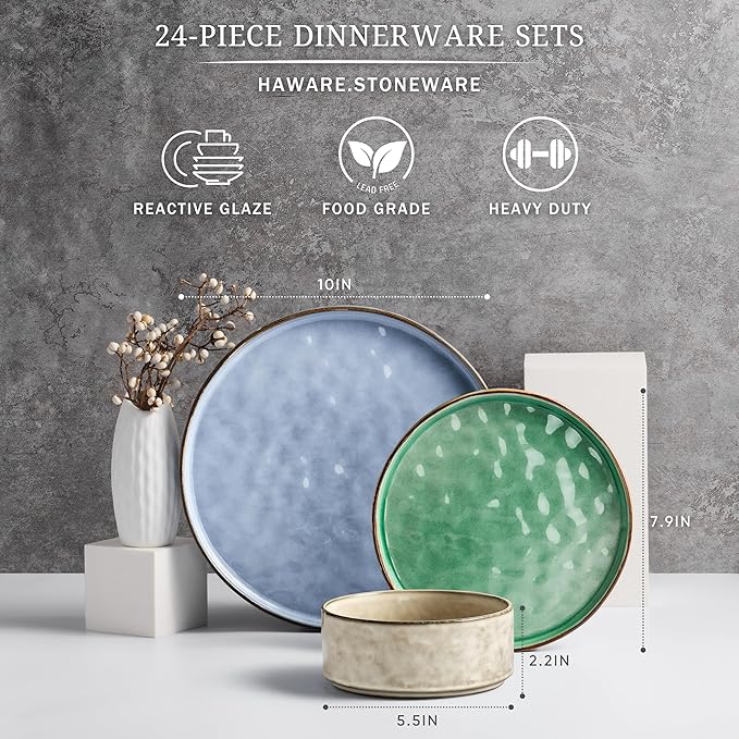 HaWare Dinnerware Sets 24-Piece Plates and Bowls Set Stoneware Dish Set for 8 Ceramic Dinnerware for Home Restaurant Chip and Scratch Resistant Microwave and Dishwasher Safe Multicolor