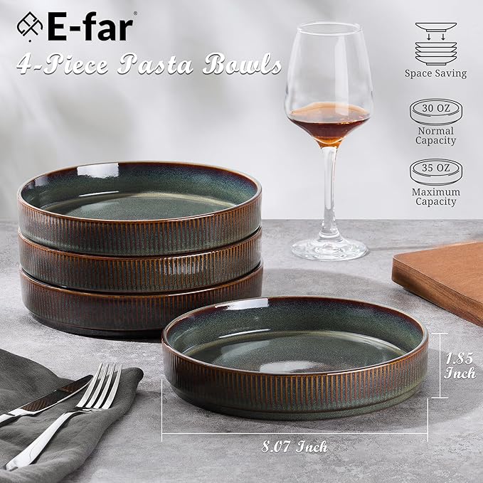 E-far 12-Piece Plates and Bowls Sets and 35oz Pasta Bowls Set of 4 bundle Stoneware Dinnerware Dishes Sets for 4 Kitchen Modern Dining Dishware Bowl Plate Blackish Green