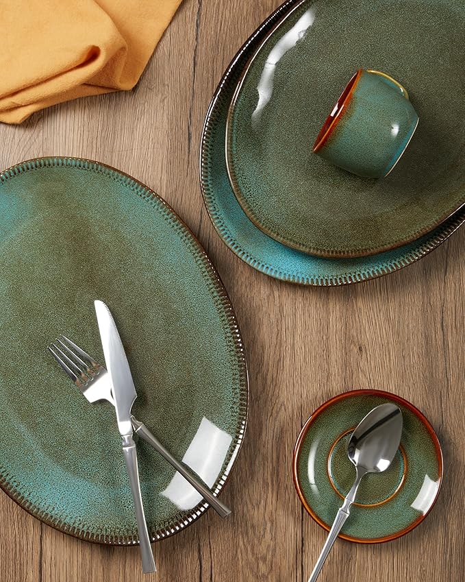 14 Pieces Dinnerware Sets with Serving Platter Brown Green