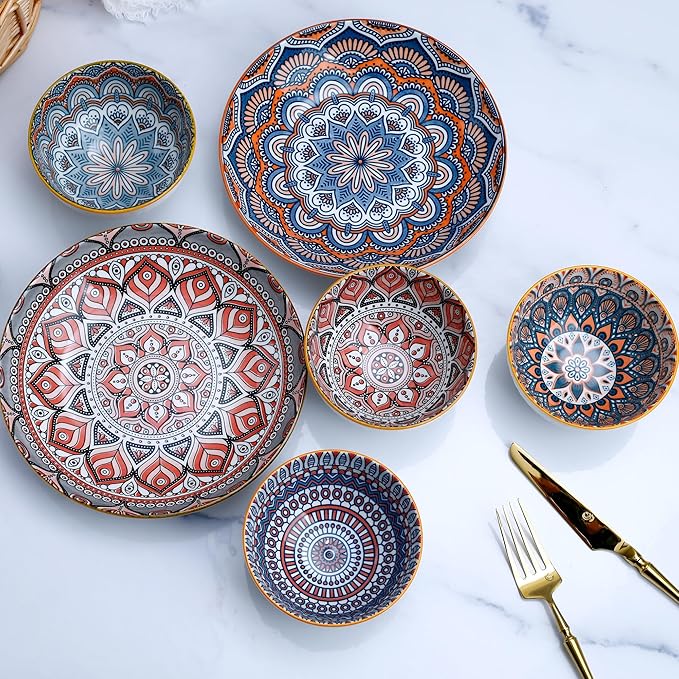 Bohemian Porcelain Dinnerware Set 14-Piece Plates &amp Bowls for 2 Microwave &amp Dishwasher Safe Unique Pattern Gift Set