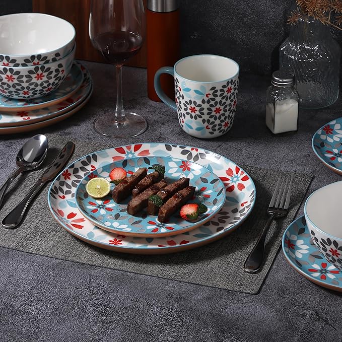 Lorren Home Trends Bone China 16-Piece Dinnerware Set Floral Pattern with Blue and Red Microwave and Dishwasher Safe Service for 4