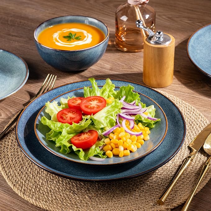 AmorArc Ceramic Dinnerware Sets for 6 18 Pieces Handpainted Plates and Bowls Set Scratch Resistant Stoneware Dishes Set Dishwasher &amp Microwave Safe Ceylon Blue