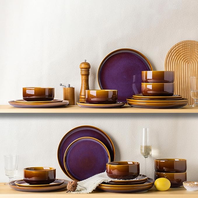 TheTerra Ceramic Dinnerware Sets for 4 12 Pieces Handmade Reactive Glaze Plates and Bowls Set Scratch Resistant Dish Set Oven &amp Microwave &amp Dishwasher Safe Amber Amethyst