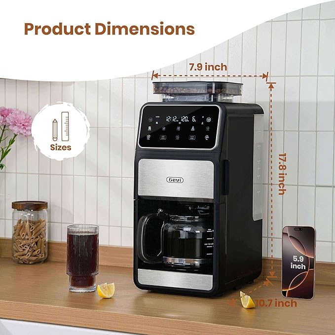 Gevi 10 Cup Drip Coffee Maker with Built-in Grinder Grind ＆ Brew Burr Combo Coffee Machine with Touch Screen Programmable 4-Hour Warm Plate Permanent Filter Coffee Carafe