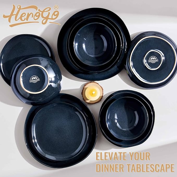 Herogo Stoneware Dinnerware Sets for 6 24 Piece Ceramic Dinner Dishes Set Irregular Handmade Plates and Bowls Dishware Crack and Scratch Resistant Starry Blue