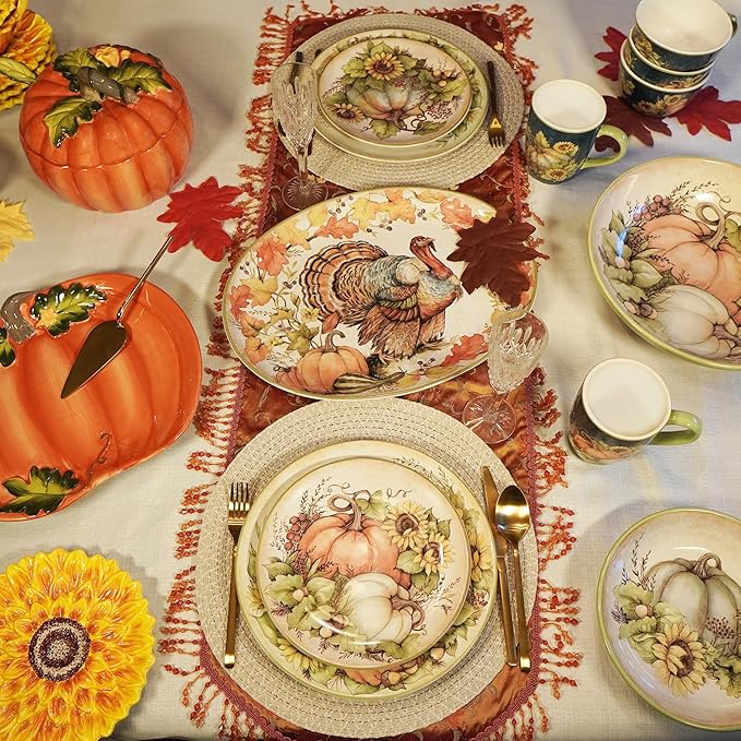 Autumn Breeze 16-Piece Ceramic Dinnerware Set Service for 4 – Celebrate fall gatherings with sunflowers pumpkins and rich harvest hues perfect for cozy dinners and festive autumn tablescapes