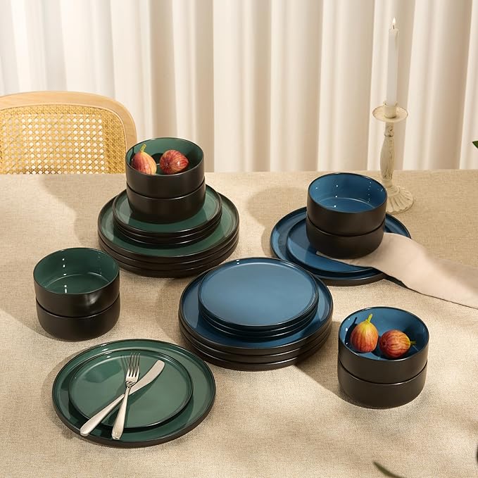 Dinnerware Set 12 Piece Service for 4 Vase and Vessel Ceramic 10.5” Dinner Plates 8.2” Salad Plates and 20 oz Bowls Stoneware Somerset Collection (Black/Slate Blue)