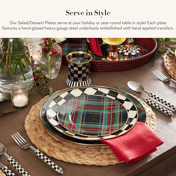 MACKENZIE-CHILDS Enamel Salad and Dessert Plate Small Plate for a Dessert or Appetizer Dish 8 Inches Black Tartan
