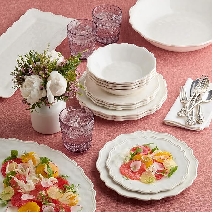 Isabella Cream 12-Piece Melamine Dinnerware Set for 4 – Crackle Glaze Plates &amp Bowls with Scalloped Edges Dishwasher Safe Durable Unbreakable Tableware for Indoor &amp Outdoor Dining