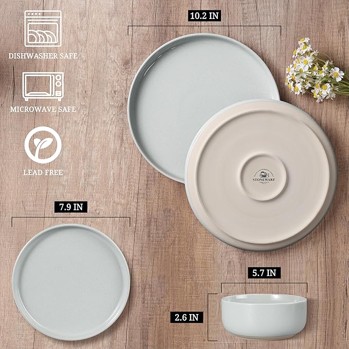 HaWare Stoneware Dinnerware Sets 24-Piece Plates and Bowls Set for 8 Dishes Set for Home Restaurant Speckled Misty Grey