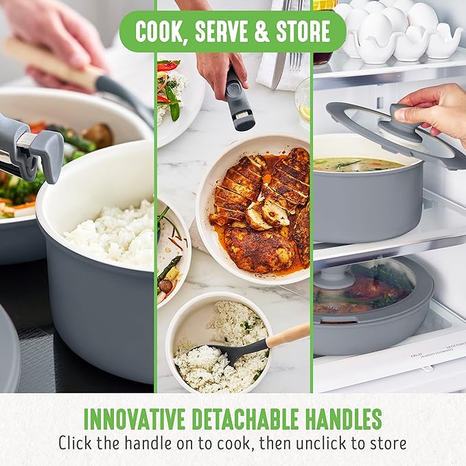 GreenLife 10 Piece Nonstick Pots &amp Pans Set Detachable Handle &amp Stackable Cookware Set Non Toxic PFAS-Free Skillets Induction Kitchen Pans Space Saving Serving Bowls Oven Safe Graphite