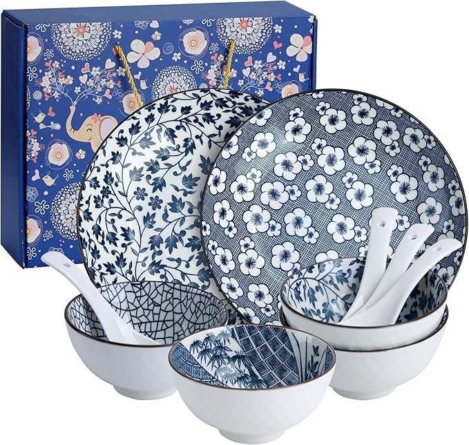 Ceramic Dinnerware Set 10-Piece Hand-painted cherry blossom Plates and Bowls Microwave &amp Dishwasher Safe Gift Ready Packaging