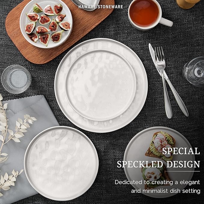 HaWare Dinnerware Sets 12-Piece Plates and Bowls Set Stoneware Dish Set for 4 Ceramic Dinnerware for Home Restaurant Chip and Scratch Resistant Microwave and Dishwasher Safe Speckled White