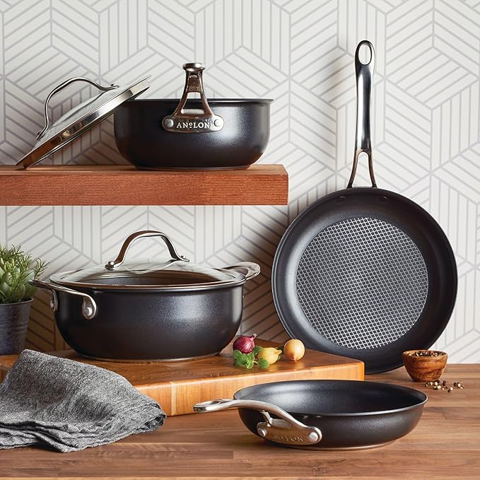 Anolon X Hybrid Nonstick Cookware Induction Pots and Pans Set Stainless steel handles 6 Piece - Dark Gray