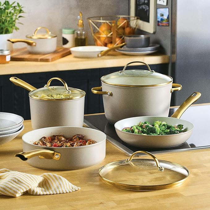 Farberware Forged Induction Ceramic Nonstick Pots and Pans Set with Cooking Tools Dishwasher Safe Gold Color Stainless Steel Handles 12 Piece Cookware Set - Taupe