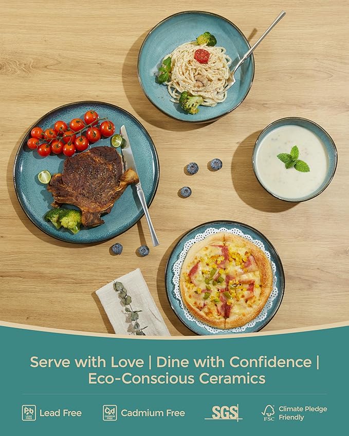 32 Piece Dinnerware Set for 8 with Pasta Bowls Green Black Reactive Glaze Stoneware | All‑in‑One Host Set for Entertaining Holiday Meals Multi‑Course Dinners | Unique Irregular Coastal Look