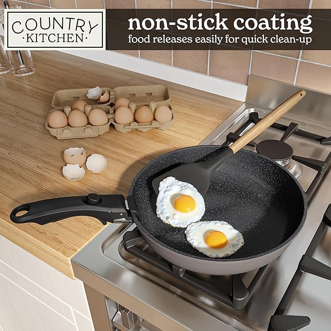 Country Kitchen Cookware Set with Removable Handle Oven &amp RV Safe Pots and Pans Set Grey/Black Original