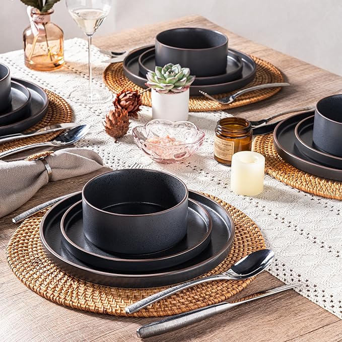 LERATIO Ceramic Dinnerware Sets for 6 High Edge Stoneware Plates and Bowls Set Chip and Crack Resistant | Oven &amp Dishwasher &amp Microwave Safe Dishes Set Service for 6 -Ashen