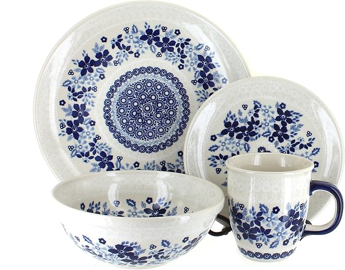 Blue Rose Polish Pottery - Blue Elizabeth 16 Piece Dinner Set - 4 Place Settings - Great for Everyday Dining Casual Dining or as Formal Dinnerware
