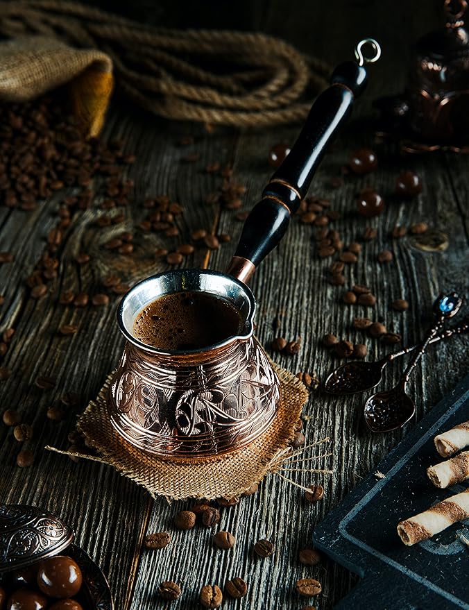 DEMMEX Thickest Copper Turkish Greek Arabic Coffee Pot Stovetop Coffee Maker Cezve Ibrik Briki with Wooden Handle &amp Spoon Hand Engraved
