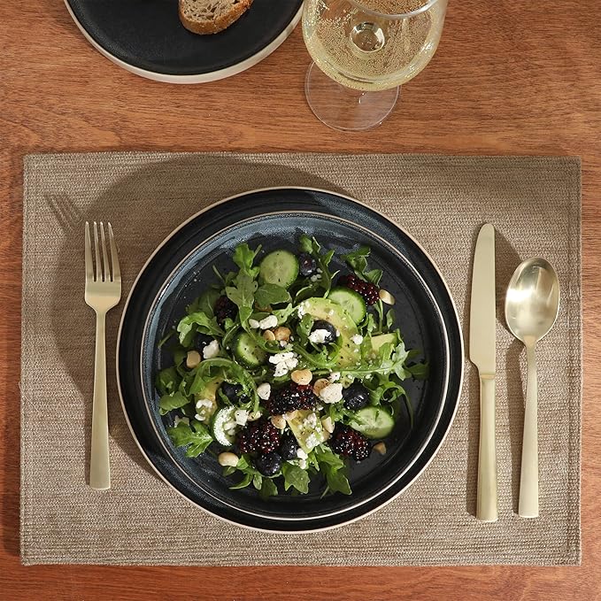 Gibson Elite Liberty Bay 16-Piece Pottery Clay Stoneware Dinnerware Set – Blue Reactive Glaze Stackable Plates and Bowls W/Pasta Bowl Service for 4 – Microwave &amp Dishwasher Safe