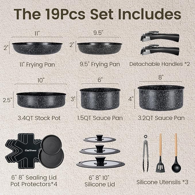 Chef Power Ceramic Nonstick Cookware Set 19 Piece with Detachable Handle Induction Dishwasher Oven Safe Pans and Pots Set RV Kitchen Set Removable Handle Rock Stone Black