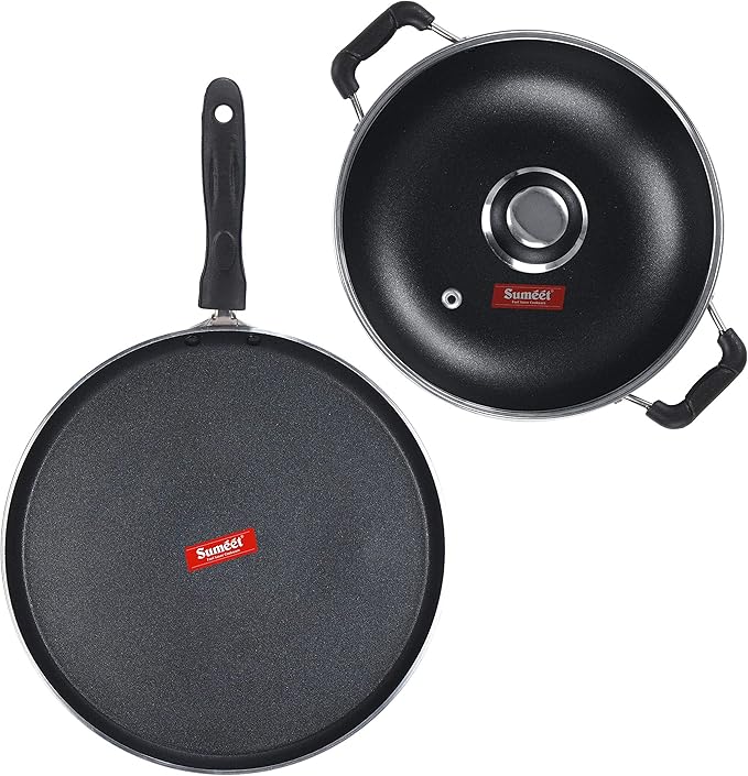 SUMEET Aluminium NonStick Zilarra Cookware Set (Dosa Tawa 26.5Cm Kadhai with Glass Lid 2 L 22Cm Dia Silver)