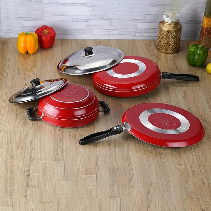 Sumeet 2.6mm Thick Non-Stick SORX Cookware Set (Dosa Tawa 26.5cm Dia + Kadhai with Lid 1.5Ltr Capacity- 20cm Dia + Fry pan 1.5Ltr Capacity 21cm Dia)