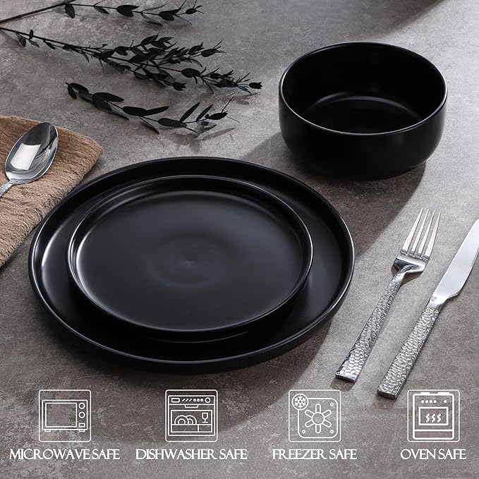 LIANYU Plates and Bowls Sets for 2 6 Piece Stoneware Dinnerware Set Porcelain Dishware for Kitchen and Dining Microwave Oven Dishwasher Safe High temperature &amp Scratch Resistant Matte Black