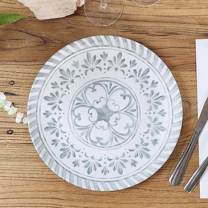 Melamine Dinnerware Set12pcs Embossed Plates and Bowls Sets Plastic Dinnerware Dishes Set for 4 Lightweight Unbreakable Dishwasher SafeWhite&ampGrey