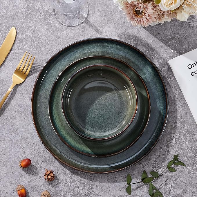 Vesteel Dinnerware Sets for 4 12-Piece Stoneware Dish and Bowls Set Handmade Reactive Glaze Coupe Plates Set for Family Chip &amp Scratch Resistant - Sage Green