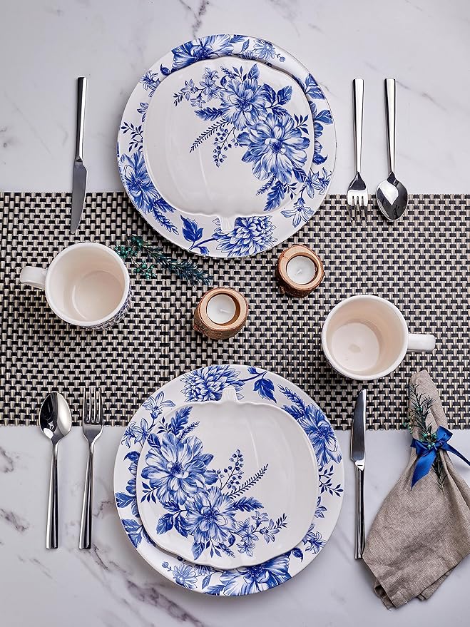 Bico Blue Floral Haven Ceramic 12 pcs Dinnerware Set Service for 4 Inclusive of 11 inch Dinner Plates 8.6 inch Salad Plates and 26oz Cereal Bowls for Party Microwave &amp Dishwasher Safe