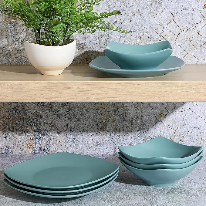 Gibson Home Zen Buffet Matte Porcelain Chip and Scratch Resistant Plates and Bowls Dinnerware Set - Blue Service for 4 (8pcs)