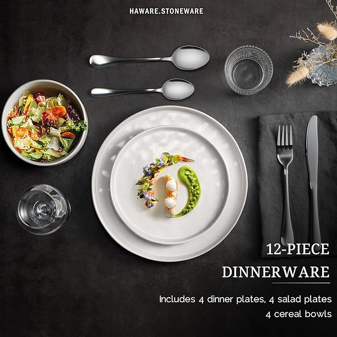 HaWare Dinnerware Sets 12-Piece Plates and Bowls Set Stoneware Dish Set for 4 Ceramic Dinnerware for Home Restaurant Chip and Scratch Resistant Microwave and Dishwasher Safe Speckled White