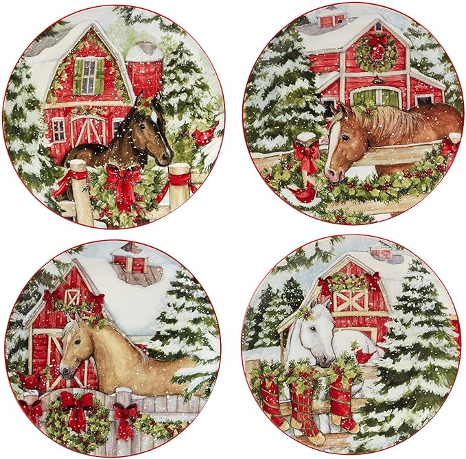 Unknown1 Christmas 16 Pc. Dinnerware Set Service for 4 Green Multi Color Red Holiday Farmhouse Modern Contemporary Round Piece